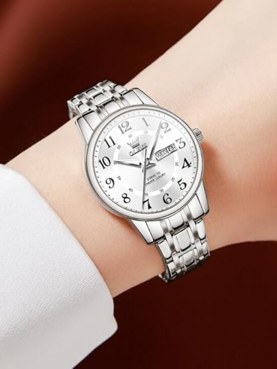 Womens Silver Analog Quartz Stainless Steel Relog Mujer Waterproof Classic Watch
